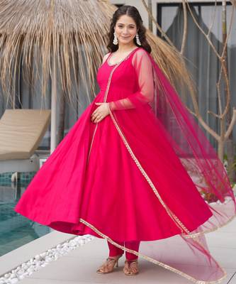 RANI PINK pure roman silk readymade anarkali suit stitched 5