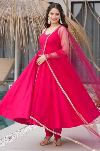RANI PINK pure roman silk readymade anarkali suit stitched