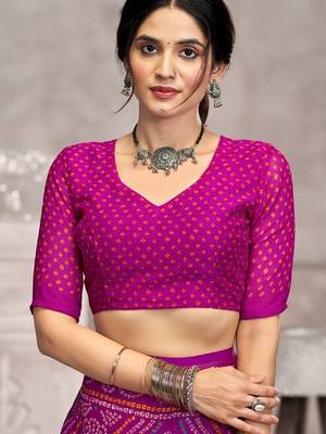 Magenta bandhani printed chiffon saree with unstitched blouse, ethnic indian attire 4