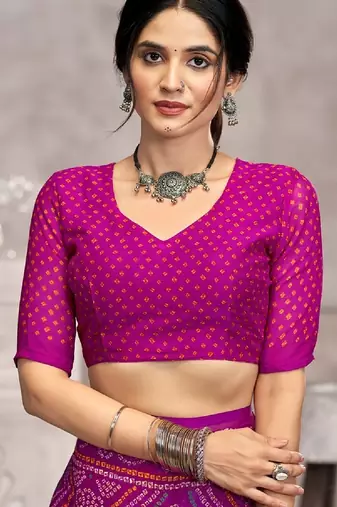 Magenta bandhani printed chiffon saree with unstitched blouse, ethnic indian attire