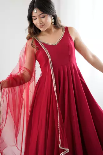 Maroon Silk Chanderi Fabric Fully Flair Anarkali Kurti With Pant Dupatta Set