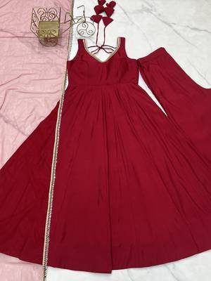Maroon Silk Chanderi Fabric Fully Flair Anarkali Kurti With Pant Dupatta Set 6