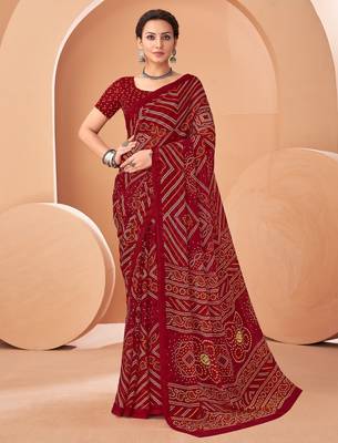 Maroon bandhani print soft chiffon traditional saree with unstitch blouse 1