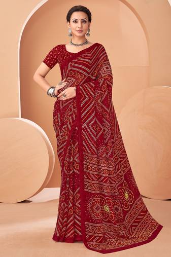 Maroon bandhani print soft chiffon traditional saree with unstitch blouse