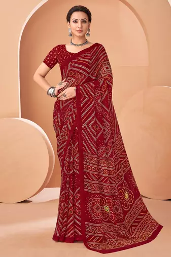 Maroon bandhani print soft chiffon traditional saree with unstitch blouse