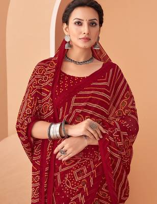 Maroon bandhani print soft chiffon traditional saree with unstitch blouse 2