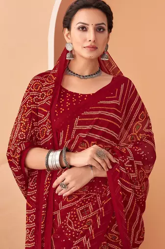 Maroon bandhani print soft chiffon traditional saree with unstitch blouse