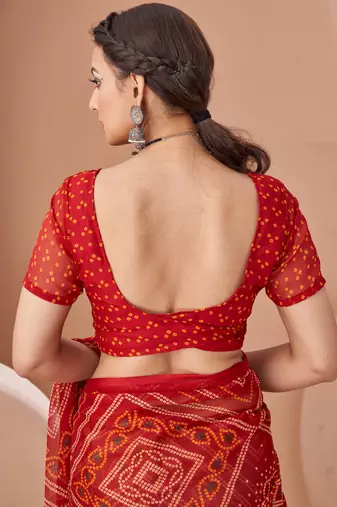 Maroon bandhani print soft chiffon traditional saree with unstitch blouse