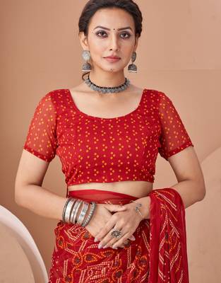 Maroon bandhani print soft chiffon traditional saree with unstitch blouse 4