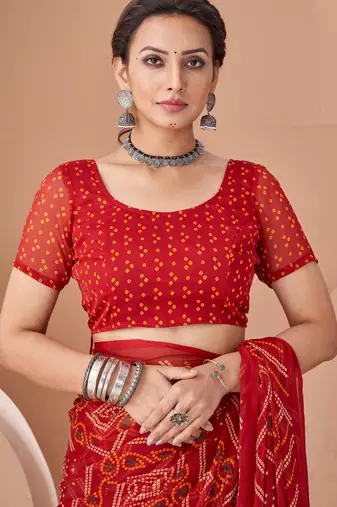 Maroon bandhani print soft chiffon traditional saree with unstitch blouse