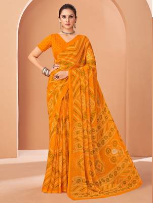Yellow bandhani print soft chiffon traditional saree with unstitch blouse 1