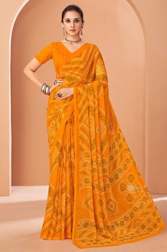 Yellow bandhani print soft chiffon traditional saree with unstitch blouse