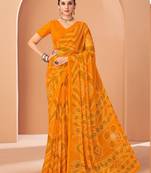 Yellow bandhani print soft chiffon traditional saree with unstitch blouse