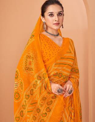 Yellow bandhani print soft chiffon traditional saree with unstitch blouse 2