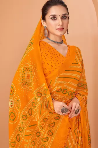 Yellow bandhani print soft chiffon traditional saree with unstitch blouse