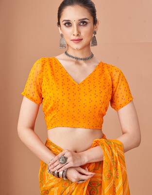 Yellow bandhani print soft chiffon traditional saree with unstitch blouse 3