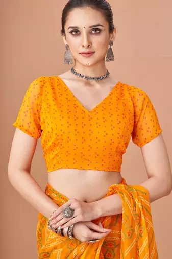 Yellow bandhani print soft chiffon traditional saree with unstitch blouse