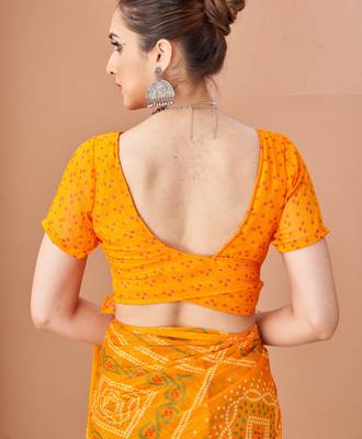 Yellow bandhani print soft chiffon traditional saree with unstitch blouse 4