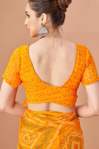 Yellow bandhani print soft chiffon traditional saree with unstitch blouse