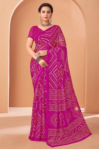 Magenta bandhani print soft chiffon traditional saree with unstitch blouse