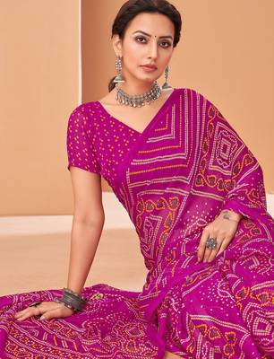 Magenta bandhani print soft chiffon traditional saree with unstitch blouse 2