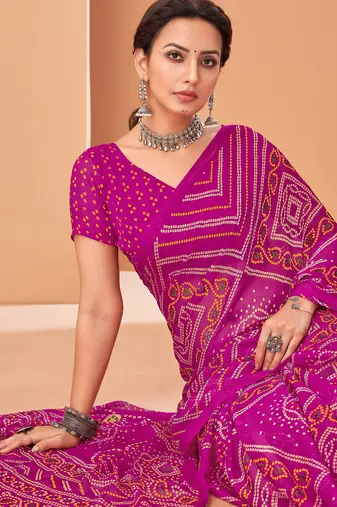 Magenta bandhani print soft chiffon traditional saree with unstitch blouse