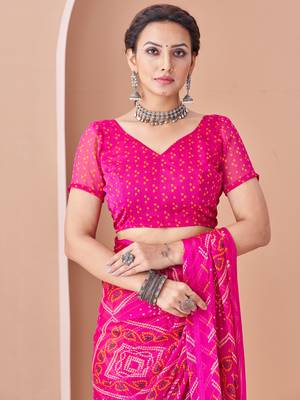 Magenta bandhani print soft chiffon traditional saree with unstitch blouse 3