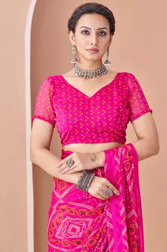 Magenta bandhani print soft chiffon traditional saree with unstitch blouse
