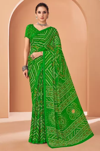 Green bandhani print soft chiffon traditional saree with unstitch blouse