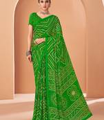 Green bandhani print soft chiffon traditional saree with unstitch blouse