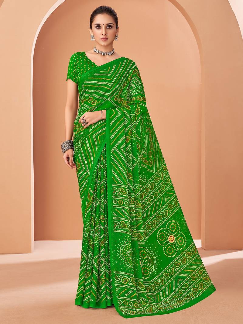 Green bandhani print soft chiffon traditional saree with unstitch blouse