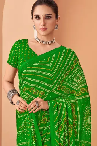 Green bandhani print soft chiffon traditional saree with unstitch blouse