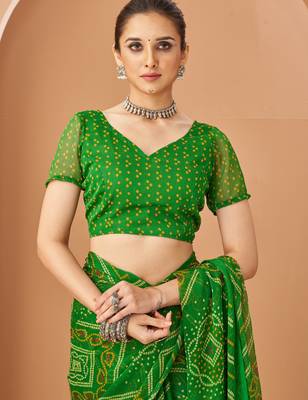 Green bandhani print soft chiffon traditional saree with unstitch blouse 3