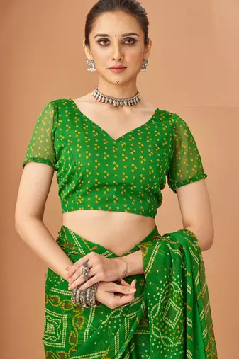 Green bandhani print soft chiffon traditional saree with unstitch blouse