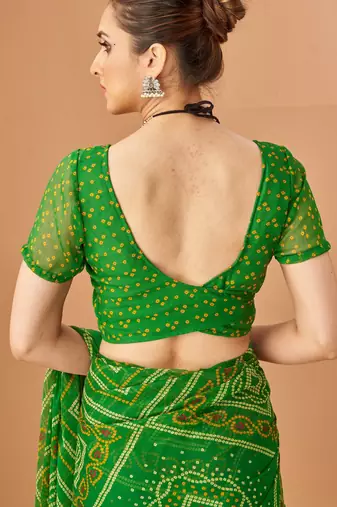 Green bandhani print soft chiffon traditional saree with unstitch blouse