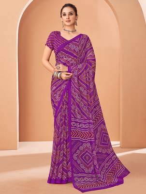 Purple bandhani print soft chiffon traditional saree with unstitch blouse 1