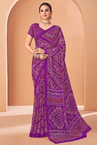Purple bandhani print soft chiffon traditional saree with unstitch blouse