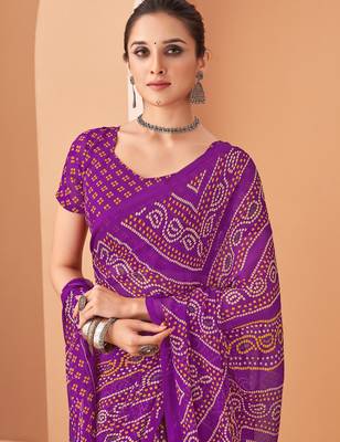 Purple bandhani print soft chiffon traditional saree with unstitch blouse 2