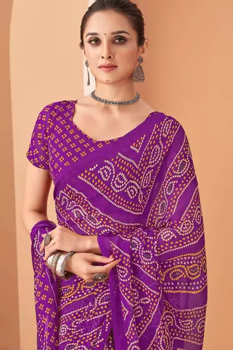 Purple bandhani print soft chiffon traditional saree with unstitch blouse