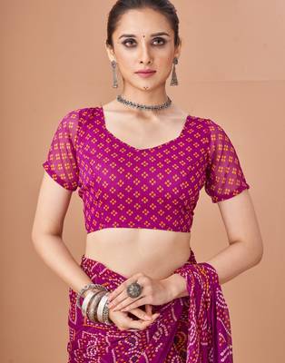 Purple bandhani print soft chiffon traditional saree with unstitch blouse 3