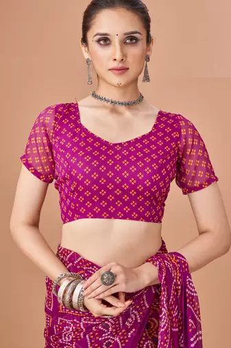 Purple bandhani print soft chiffon traditional saree with unstitch blouse