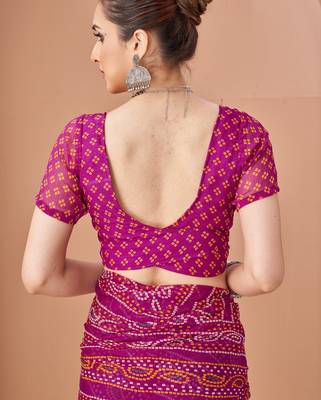 Purple bandhani print soft chiffon traditional saree with unstitch blouse 4
