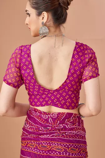 Purple bandhani print soft chiffon traditional saree with unstitch blouse