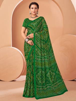 Green bandhani print soft chiffon traditional saree with unstitch blouse 1