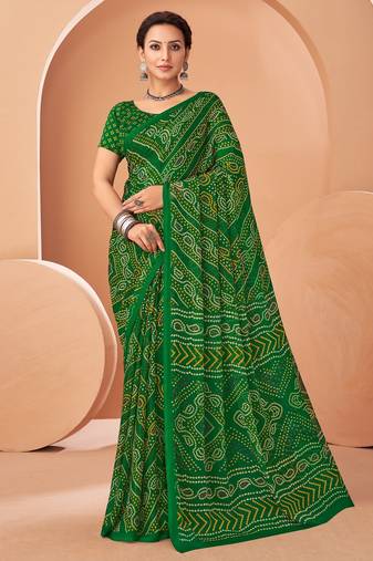 Green bandhani print soft chiffon traditional saree with unstitch blouse