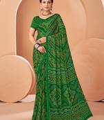 Green bandhani print soft chiffon traditional saree with unstitch blouse