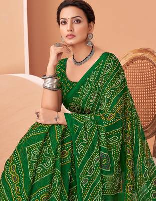 Green bandhani print soft chiffon traditional saree with unstitch blouse 2