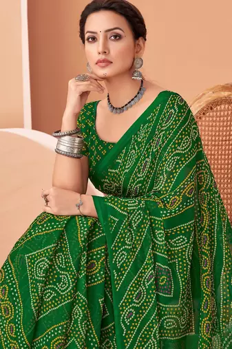 Green bandhani print soft chiffon traditional saree with unstitch blouse