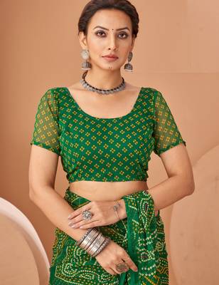 Green bandhani print soft chiffon traditional saree with unstitch blouse 3