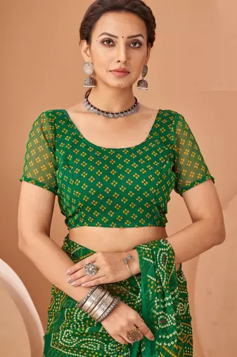 Green bandhani print soft chiffon traditional saree with unstitch blouse